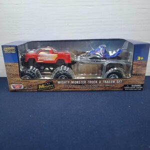 Motor Max Mighty Monster Truck Trailer Set Die Cast Metal Plastic Red Blue